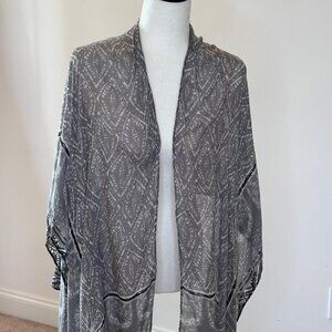 Gray Boho Geometric Kimono Lightweight Sheer Tassel Trim Shawl Wrap